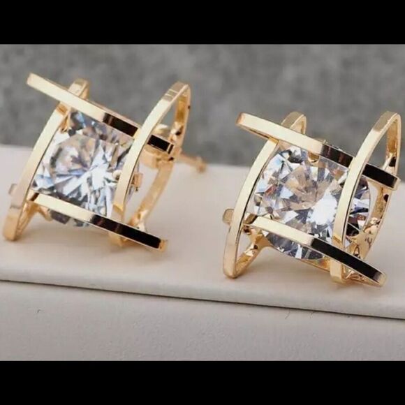 Gold 3D Caged CZ Diamond Earrings - Picture 3 of 3